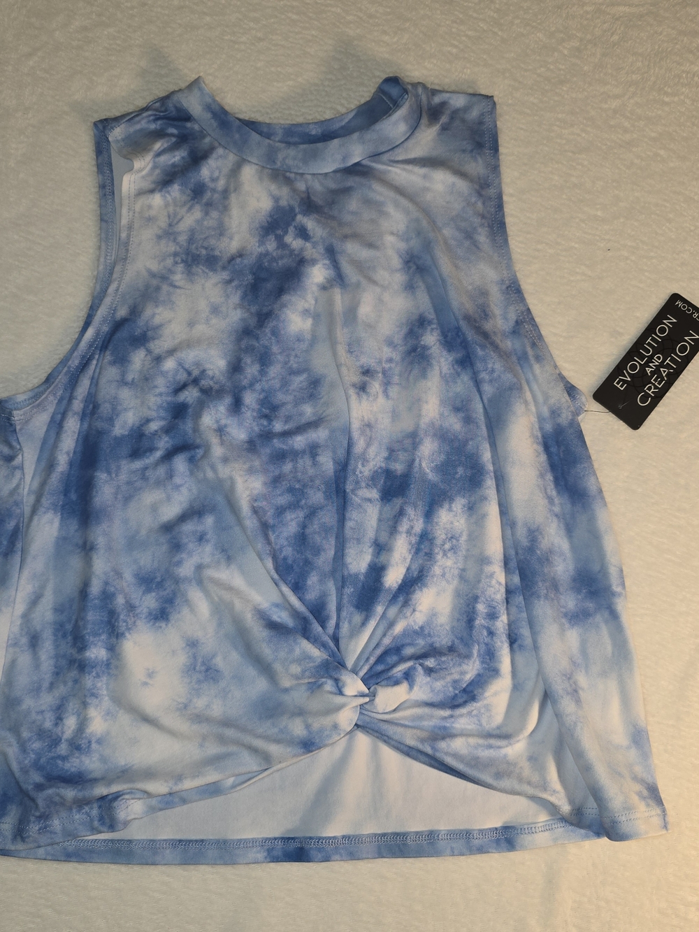 Evolution and Creation Light Blue and White Tie-Dye Twist-Front Tank